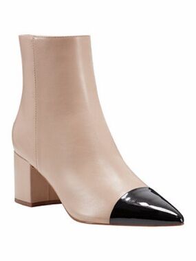 Marc Fisher Jelanie Beige Leather Ankle Boot with Black Patent Toe